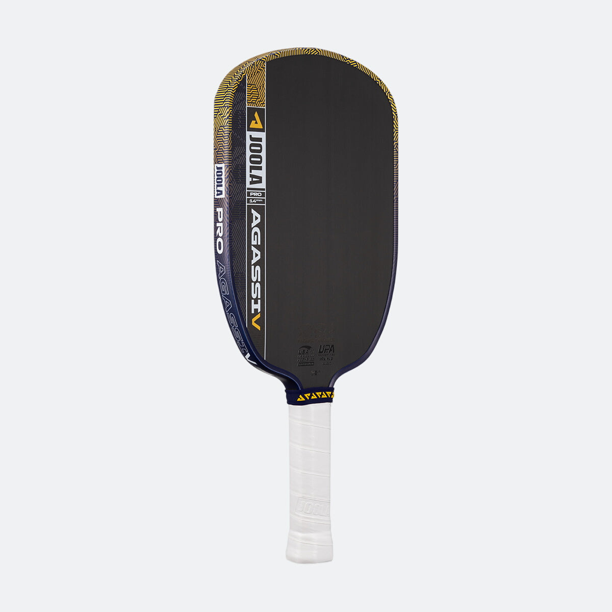 White background, prouct image of the Kate and Brooke Dual Signature Agassi Pro V pickleball paddle in a blue and gold colorway.