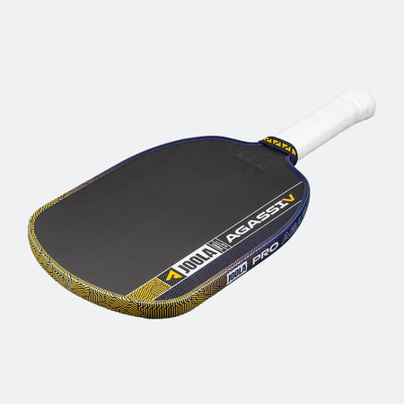 White background, prouct image of the Kate and Brooke Dual Signature Agassi Pro V pickleball paddle in a blue and gold colorway.