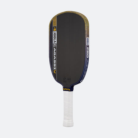 White background, prouct image of the Kate and Brooke Dual Signature Agassi Pro V pickleball paddle in a blue and gold colorway.
