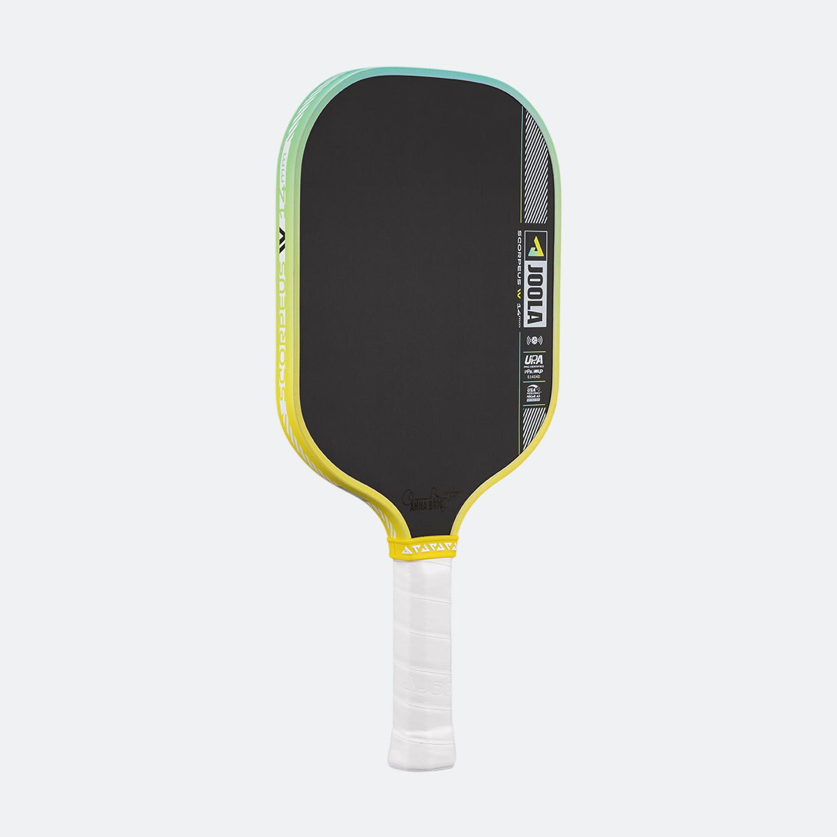 Pickleball paddle with black face, yellow sides, and white handle on a white background.