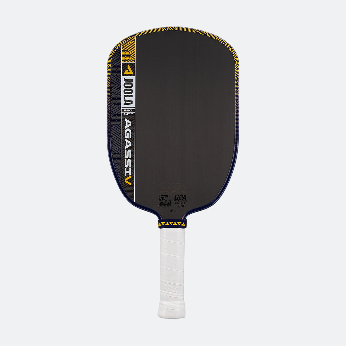 White background, prouct image of the Kate and Brooke Dual Signature Agassi Pro V pickleball paddle in a blue and gold colorway.