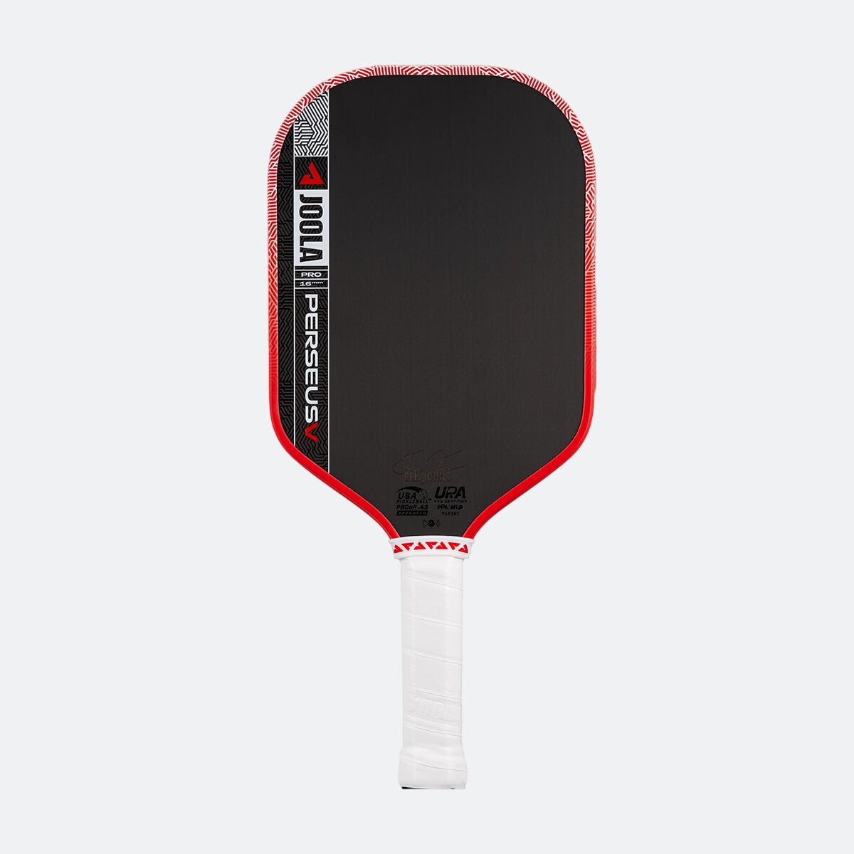 Pickleball paddle with black surface, red border, and white handle on a white background