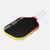 Pickleball paddle with black surface, yellow rim, and white handle on a white background
