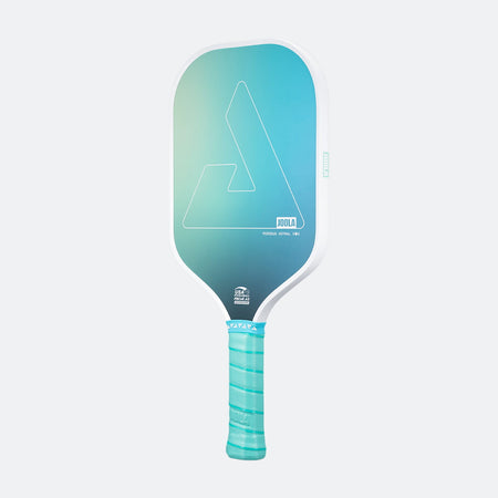 White background, product image of the JOOLA Perseus Astral pickleball paddle with teal handle and white edge guard.