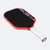 Red and black pickleball paddle with white handle on a white background