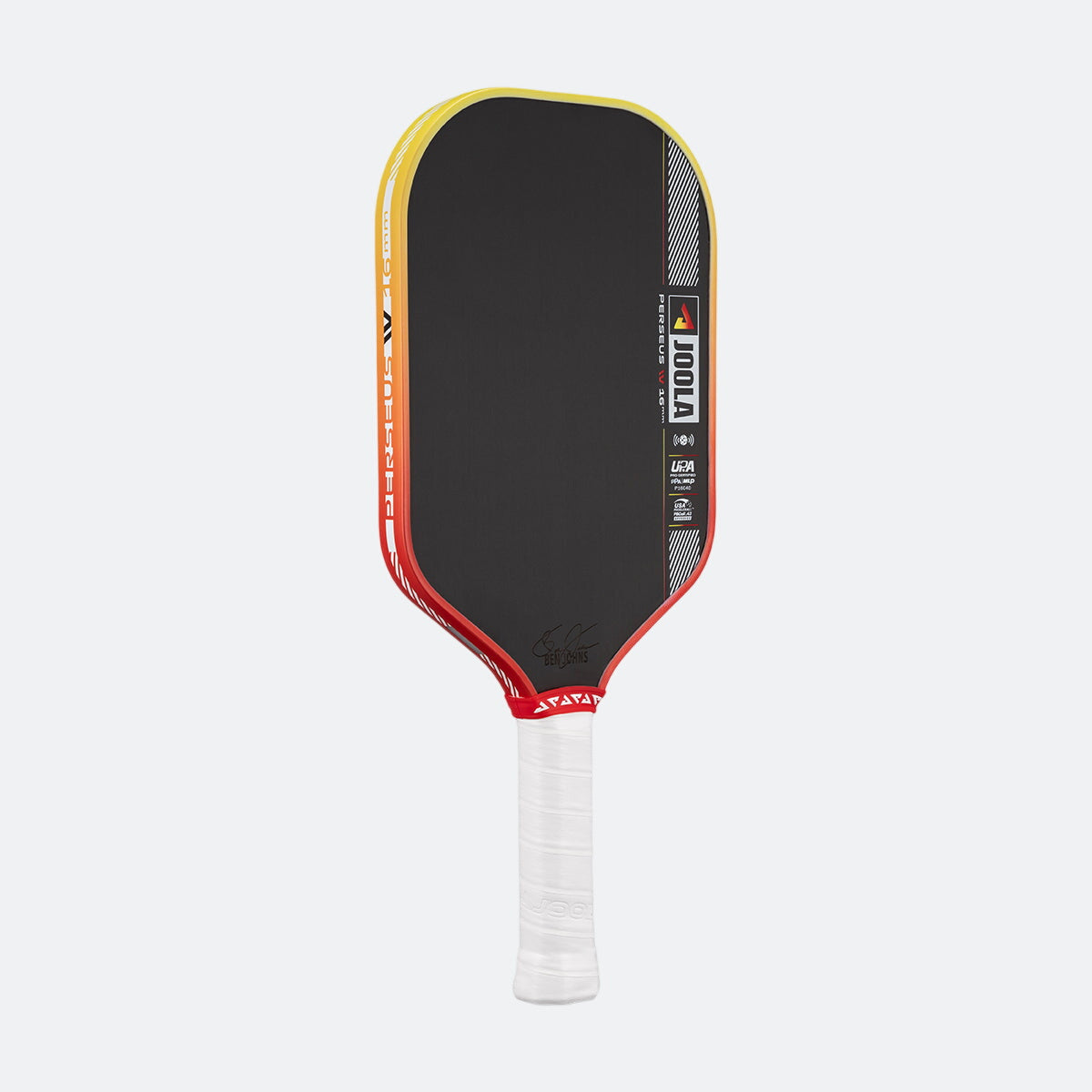 Pickleball paddle with black surface, red and yellow edges, and white handle on a white background