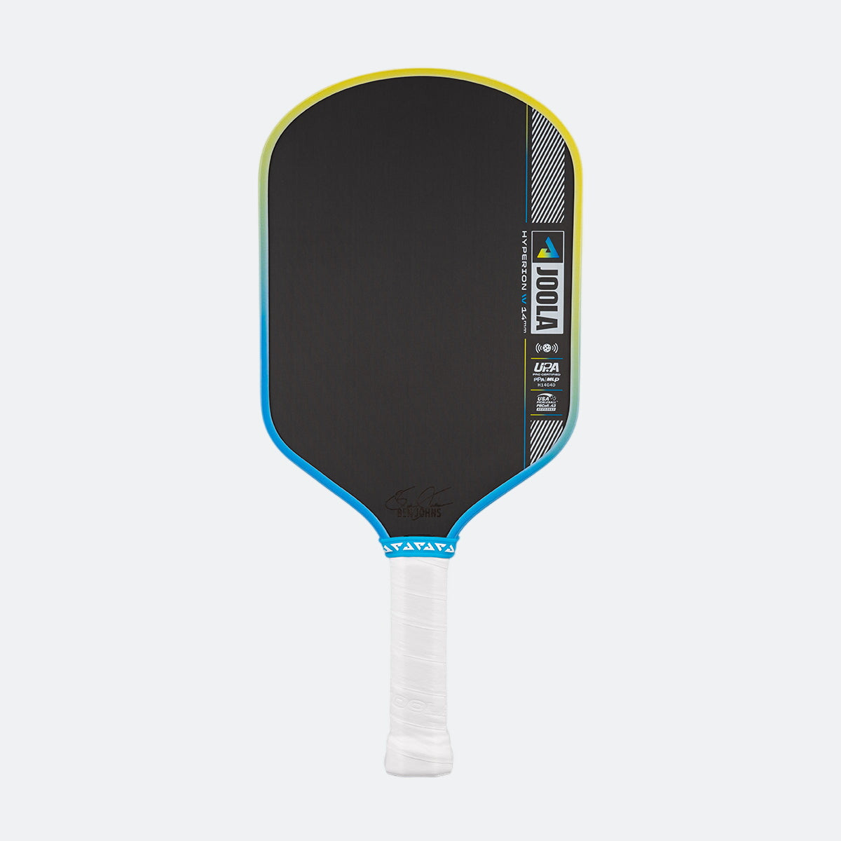 Pickleball paddle with black face, blue rim, and white handle on a white background.