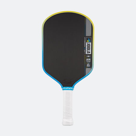 Pickleball paddle with black face, blue rim, and white handle on a white background.