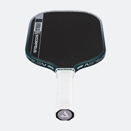 White background, product image of the JOOLA Scorpeus Pro V pickleball paddle with a green edge guard and white handle.