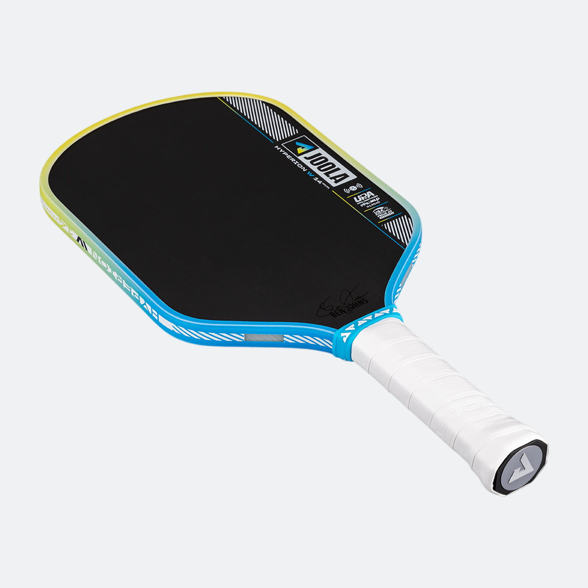 Pickleball paddle with black surface, blue frame, and white handle on a white background.