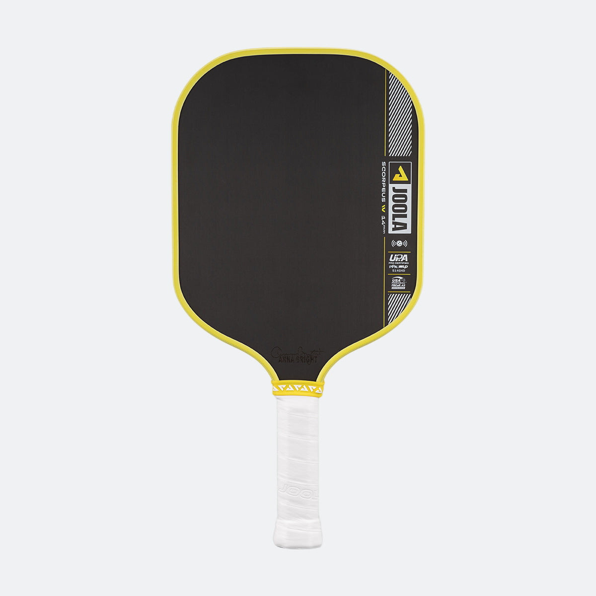 Pickleball paddle with black surface, yellow rim, and white handle on a white background