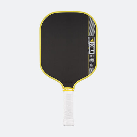 Pickleball paddle with black surface, yellow rim, and white handle on a white background