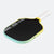 Pickleball paddle with black face and yellow rim on a white background.
