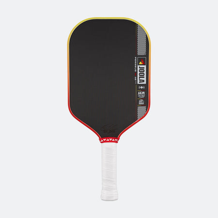 Pickleball paddle with black face, red rim, and white handle on a white background
