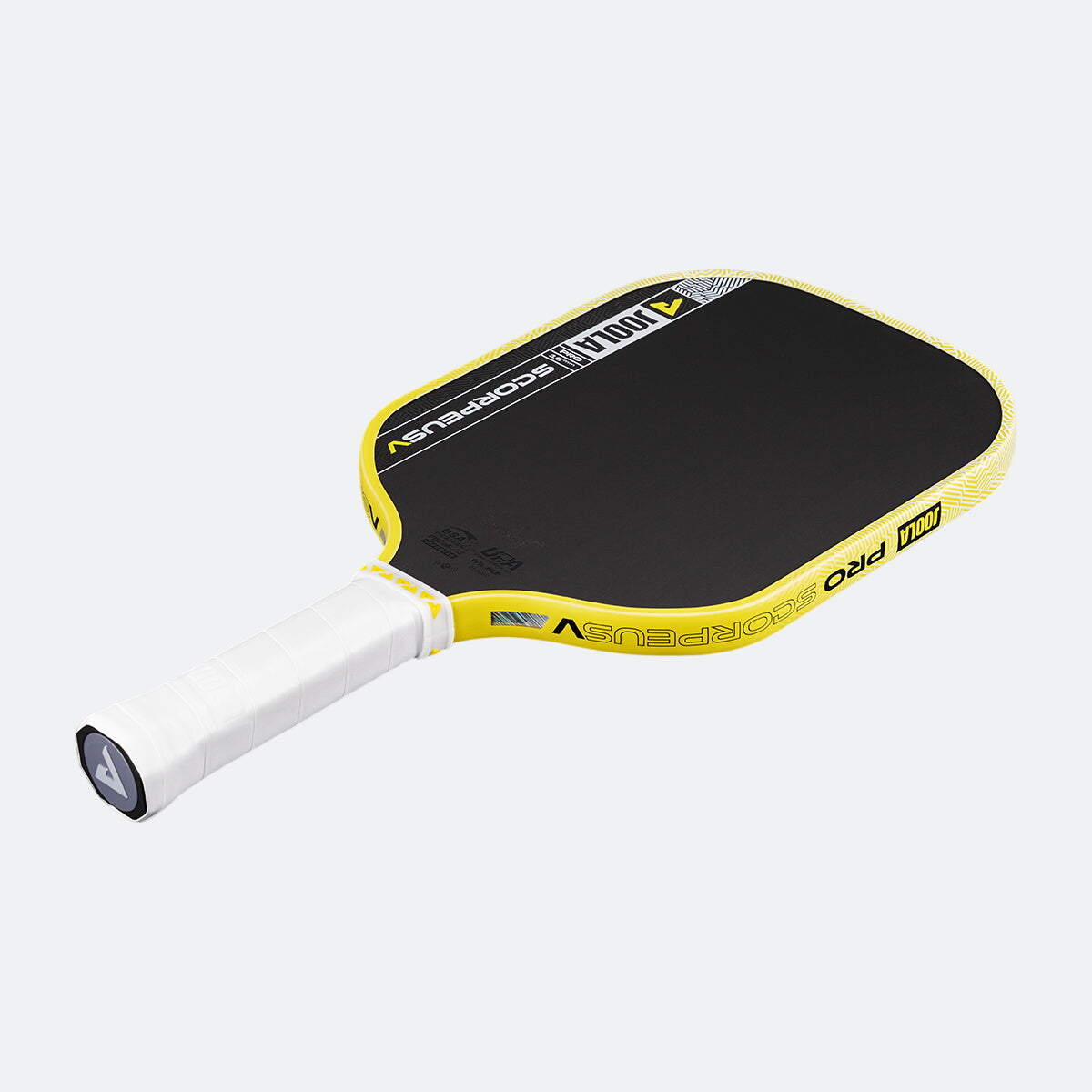 White background, product image of the JOOLA Scorpeus Pro V pickleball paddle with a yellow edge guard and white handle.