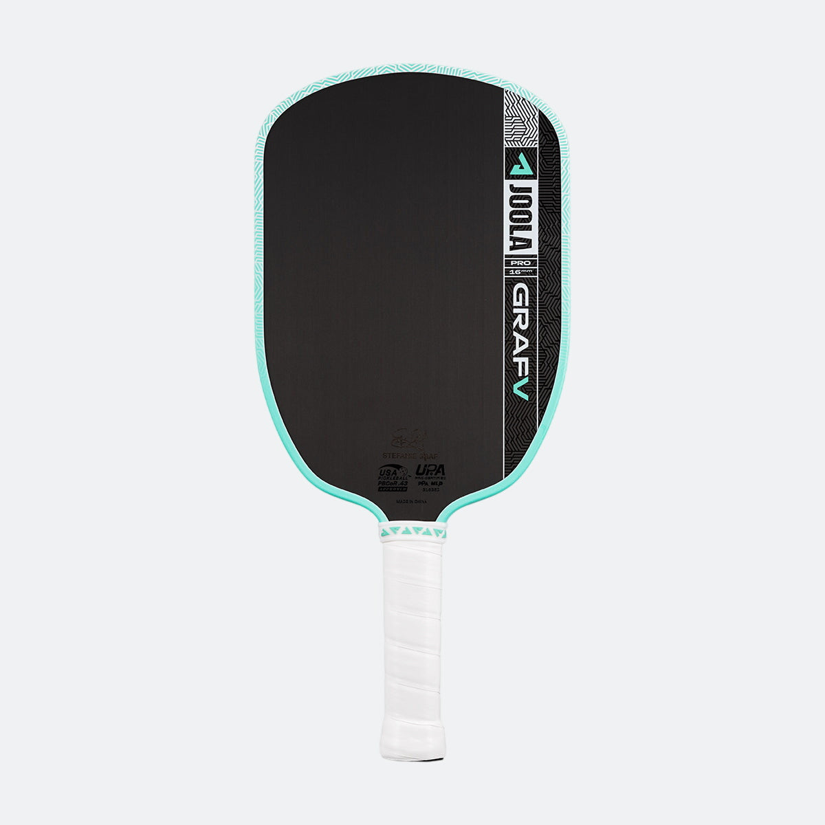 White background, product image of the Graf Pro V with a turquoise edge guard and a white handle.
