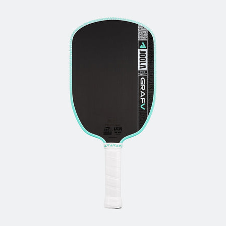 White background, product image of the Graf Pro V with a turquoise edge guard and a white handle.