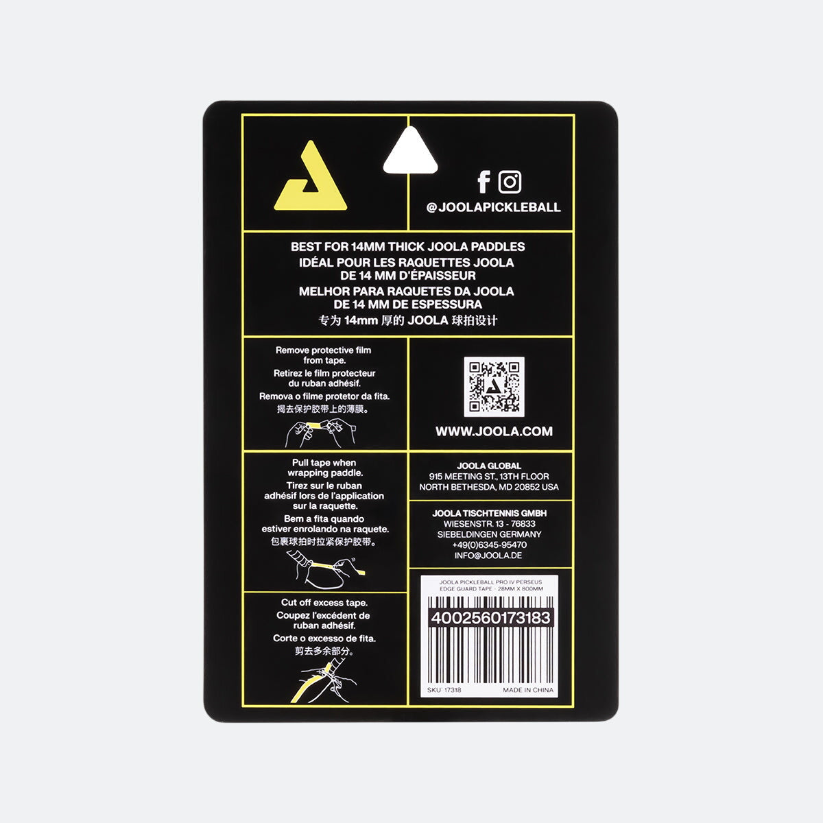 White background, image of the back of a package of JOOLA Edge Gaurd tape with detailed instructions on how to apply tape to your paddle.