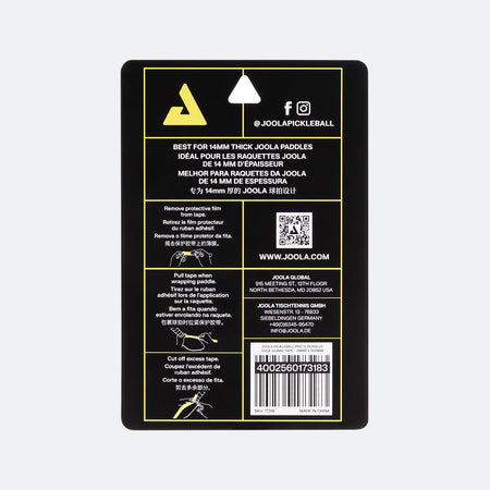 White background, image of the back of a package of JOOLA Edge Gaurd tape with detailed instructions on how to apply tape to your paddle.