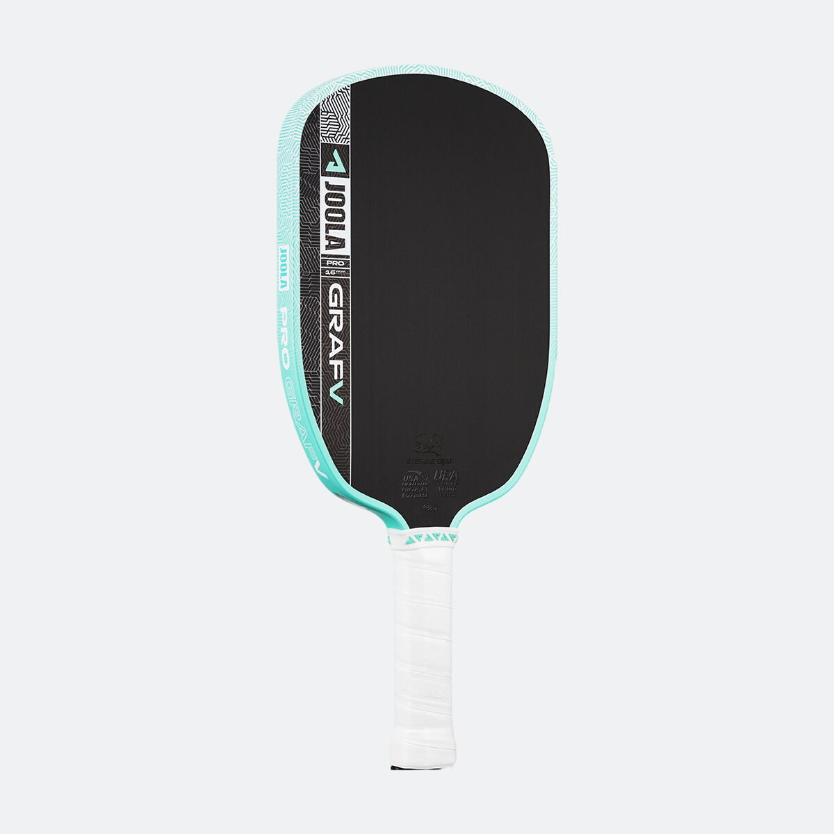 White background, product image of the Graf Pro V pickleball paddle, teal edge guard with a white handle.