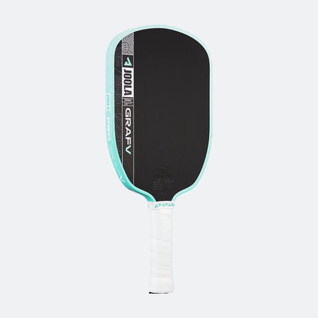 White background, product image of the Graf Pro V pickleball paddle, teal edge guard with a white handle.