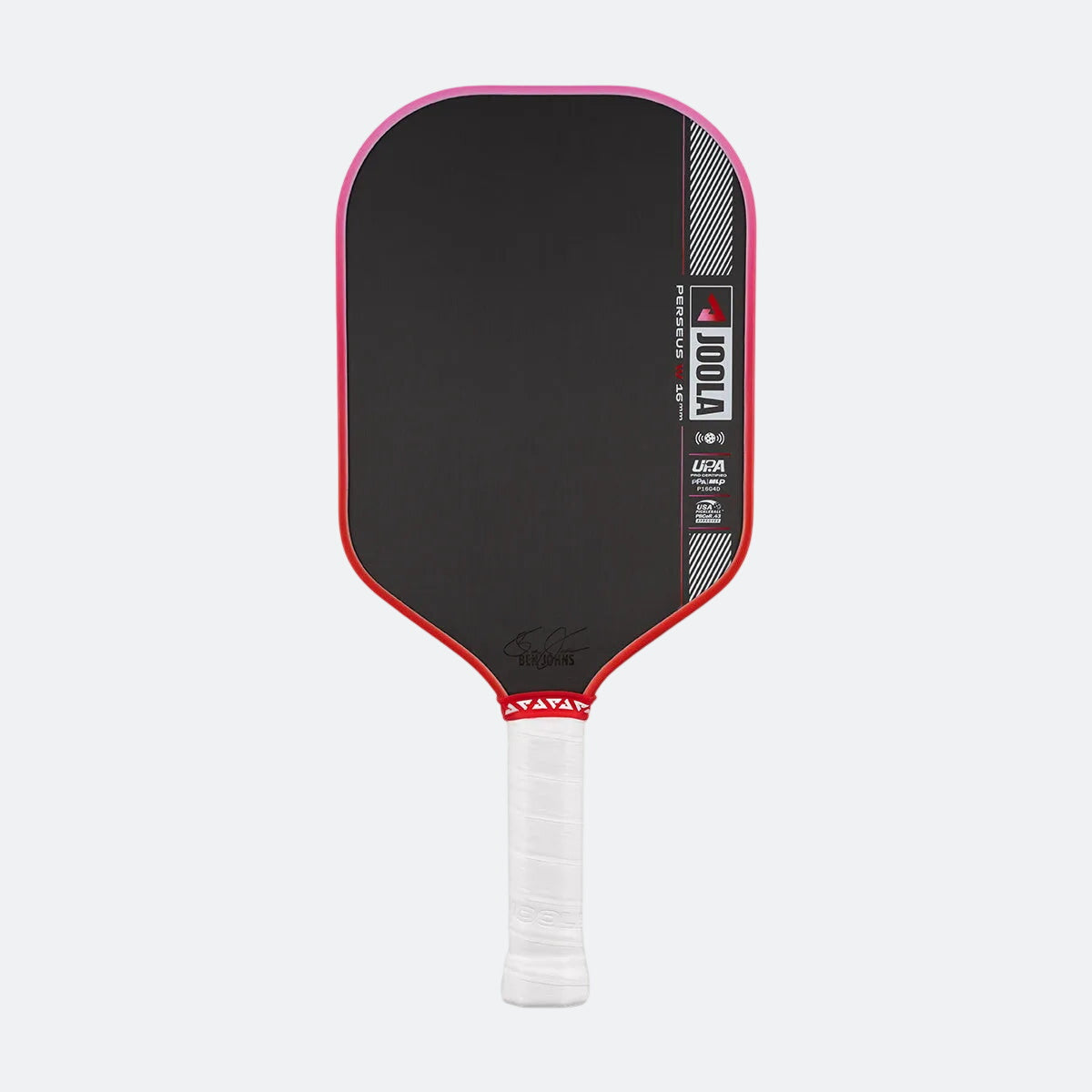 Pickleball paddle with black face, red rim, and white handle on a white background