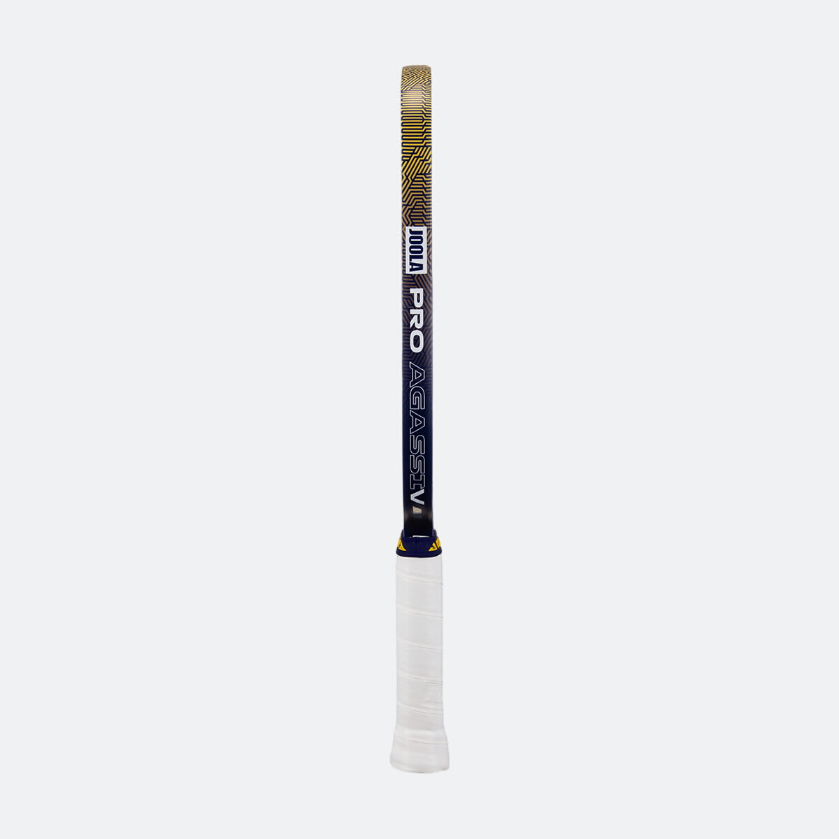 White background, prouct image of the Kate and Brooke Dual Signature Agassi Pro V pickleball paddle in a blue and gold colorway. Showing the JOOLA Pro Edge guard.