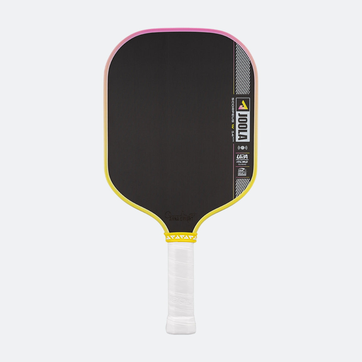 Pickleball paddle with black surface, yellow rim, and white handle on a white background.