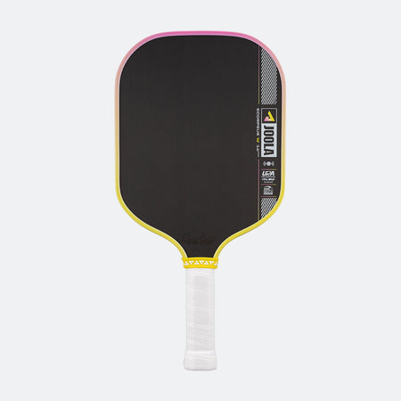 Pickleball paddle with black surface, yellow rim, and white handle on a white background.