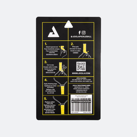 White background, close up image of the back of a package of JOOLA feel-tec pure replacement grip showing the easy to apply instructions on the back.