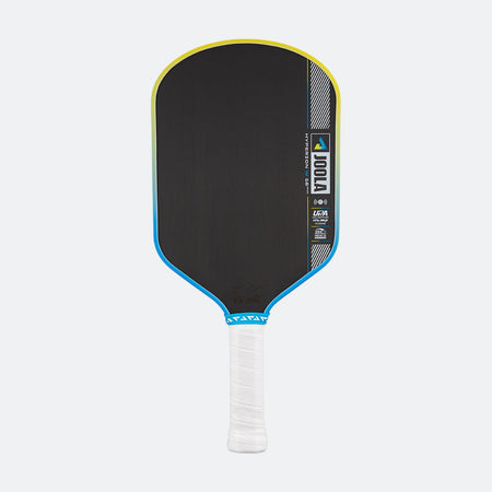 Pickleball paddle with black face, blue rim, and white handle on a white background.