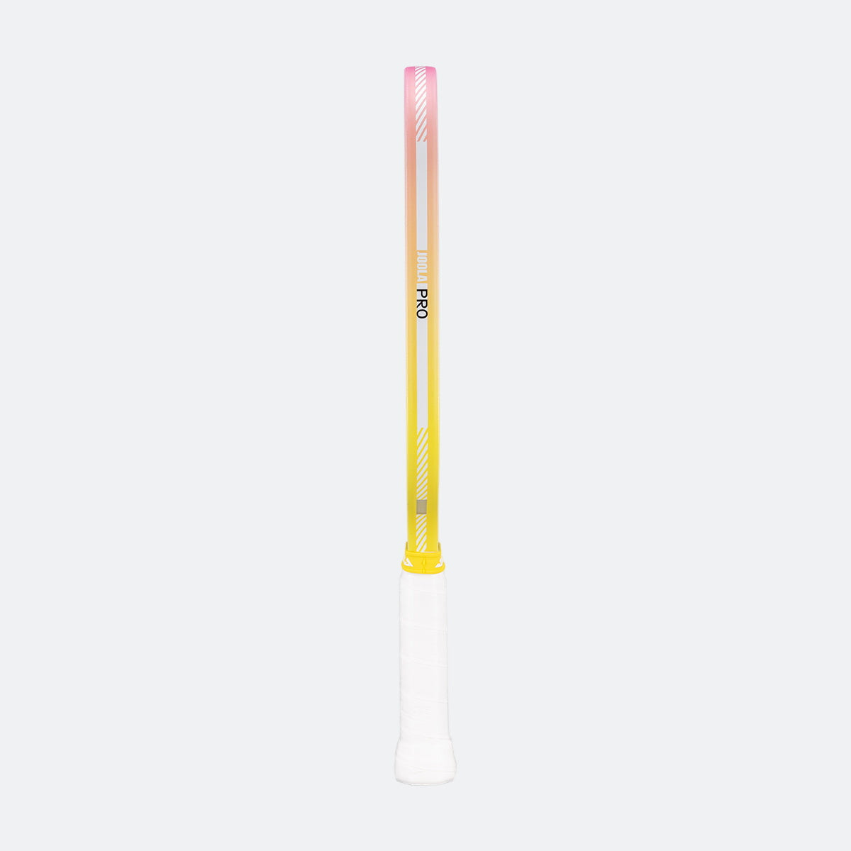 White background, view of the yellow and pink edge guard on the JOOLA Pro IV pickleball paddle.