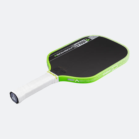 White background, product image of the JOOLA Kosmos Pro V with green edge guard and white handle.