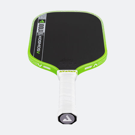 White background, product image of the JOOLA Kosmos Pro V with green edge guard and white handle.