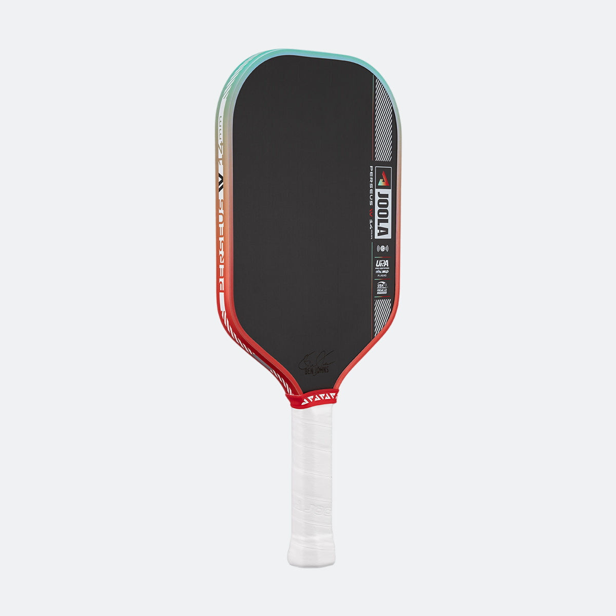 Pickleball paddle with black surface, red frame, and white handle on a white background