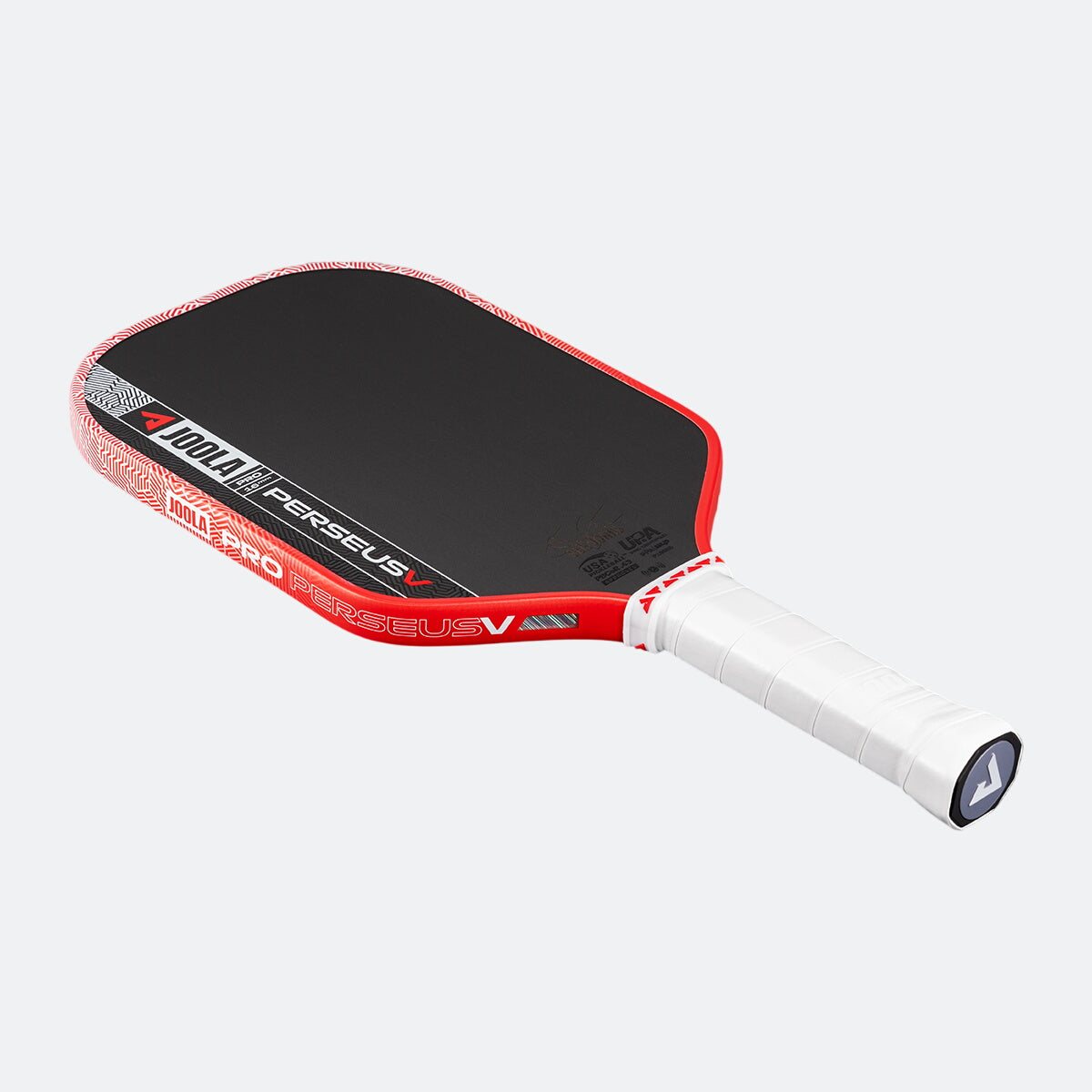White background, product image of the JOOLA Perseus Pro V pickleball paddle with a red edge guard and white handle.