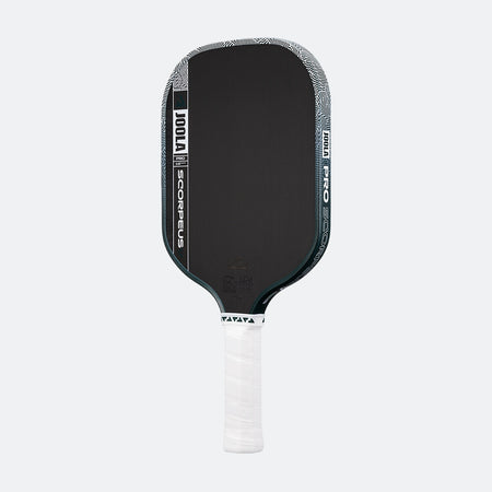 White background, product image of the JOOLA Scorpeus Pro V pickleball paddle with a green edge guard and white handle.