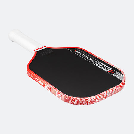 Red and black pickleball paddle with white handle on a white background