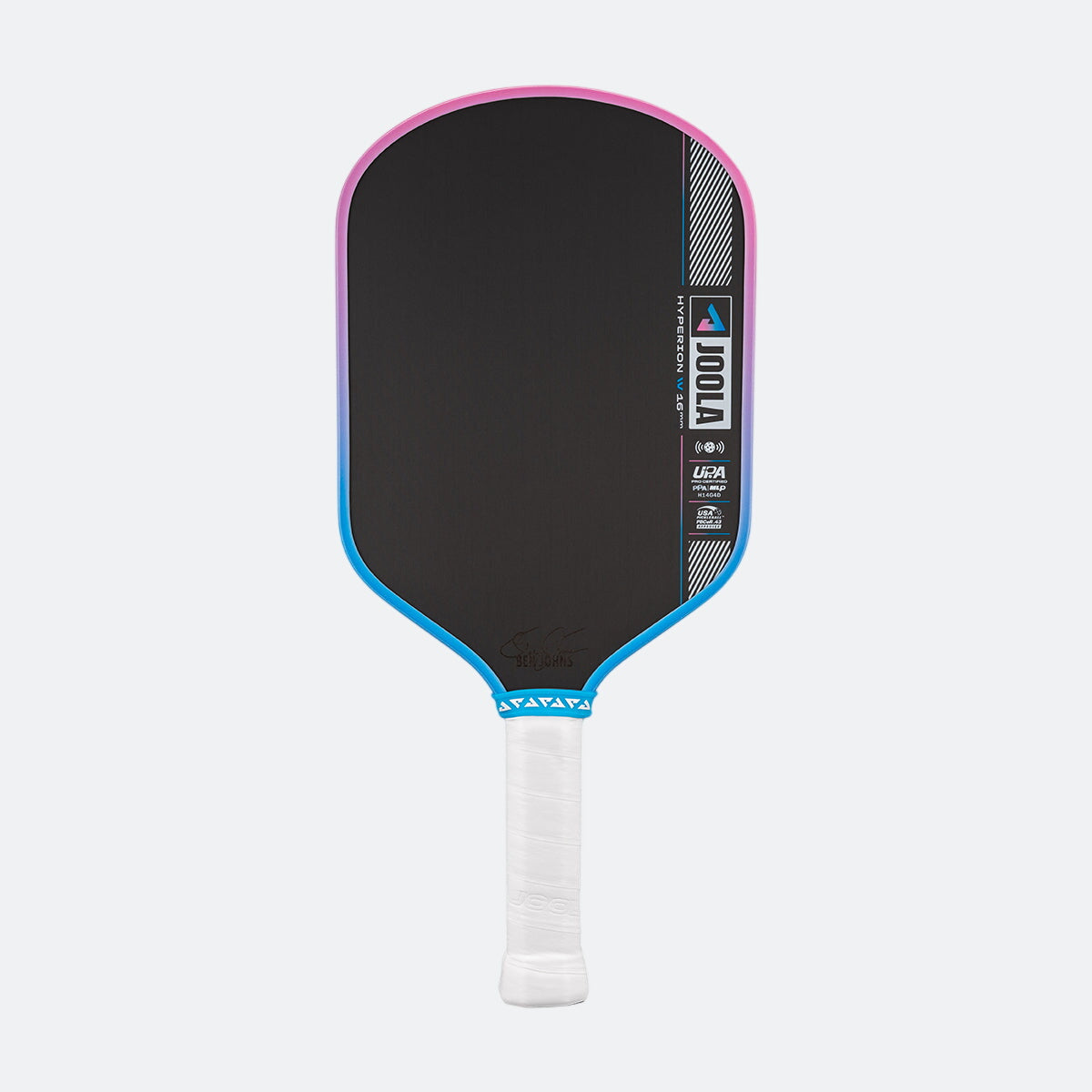 Pickleball paddle with black face, pink rim, blue border, and white handle on a white background.