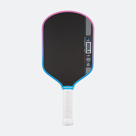 Pickleball paddle with black face, pink rim, blue border, and white handle on a white background.