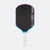 Pickleball paddle with black face, pink rim, blue border, and white handle on a white background.