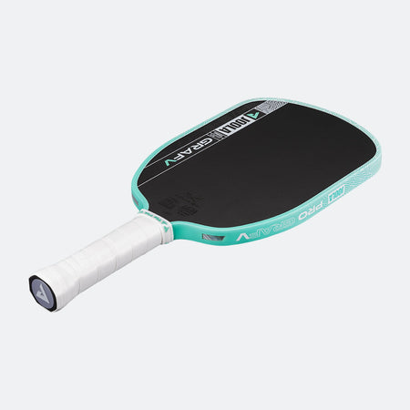 White background, product image of the Graf Pro V with a turquoise edge guard and a white handle.