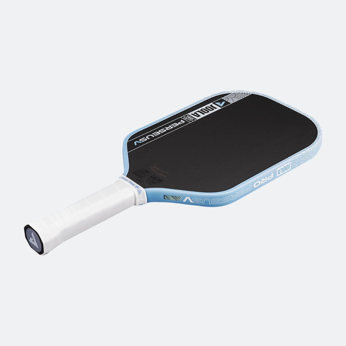 White background, product image of the JOOLA Perseus Pro V pickleball paddle with light blue edge guard and white handle.