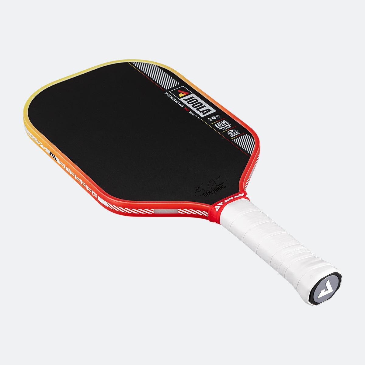 Pickleball paddle with black surface, red frame, and white handle on a white background