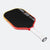 Pickleball paddle with black surface, red frame, and white handle on a white background