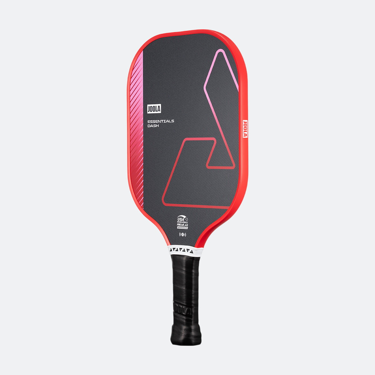 White background, product image of a red JOOLA Essentials Dash pickleball paddle with a black logo.
