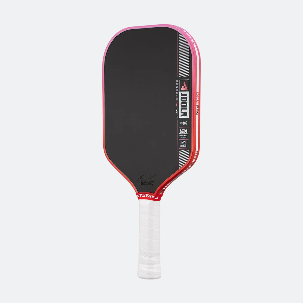 Pickleball paddle with red rim and white handle on a white background