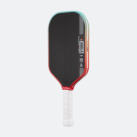 Pickleball paddle with black face, red border, and white handle on a white background