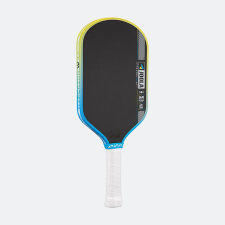 Pickleball paddle with black face, blue sides, and white handle on a white background.