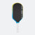 Pickleball paddle with black face, blue sides, and white handle on a white background.